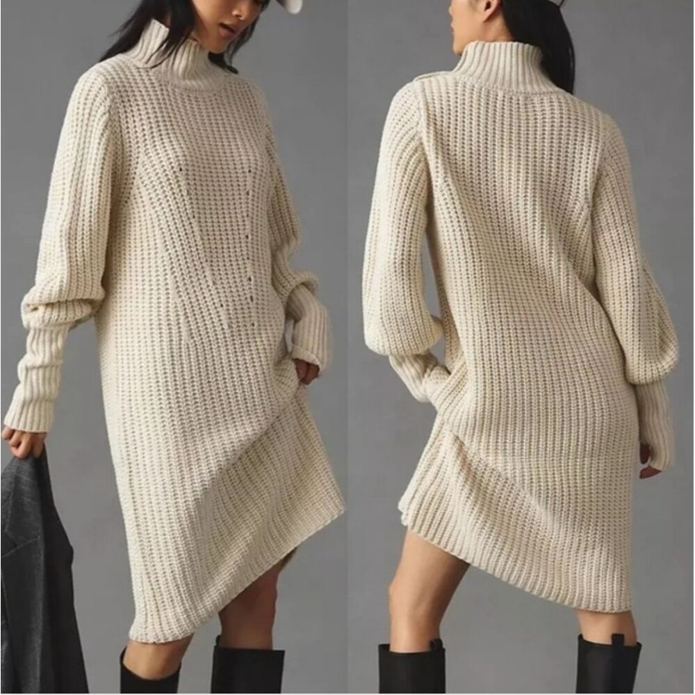 Anthro Moon River Cream Ribbed Knit Sweater Dress Coastal Cottagecore NWT S